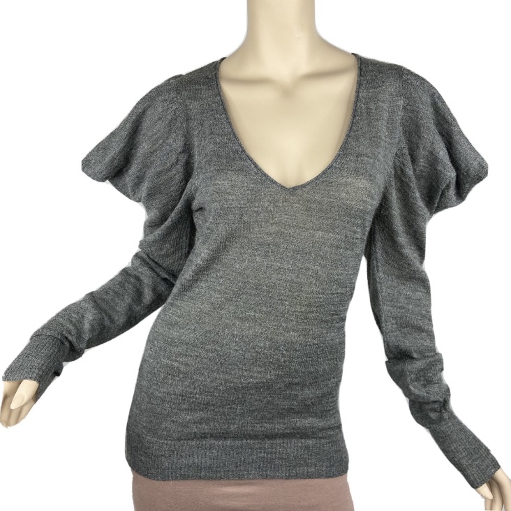 Sisley Gray Thin Knit Puff Sleeves V Neck Sweater